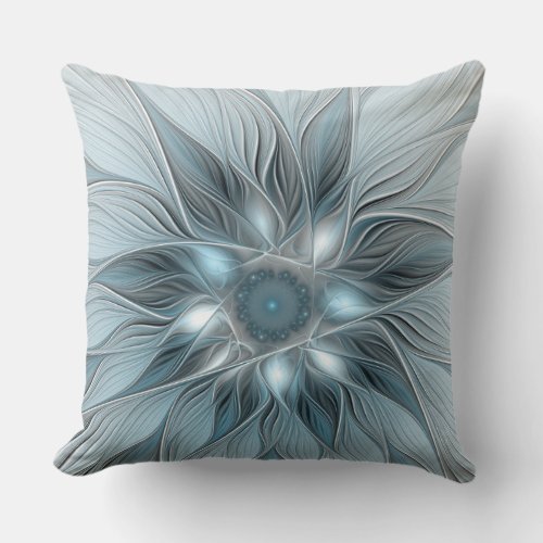 Joyful Flower Abstract Blue Gray Floral Fractal Throw Pillow
