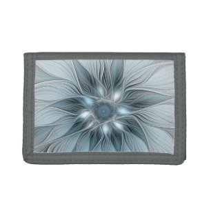 Joyful Flower Abstract Blue Gray Floral Fractal Tri-fold Wallet