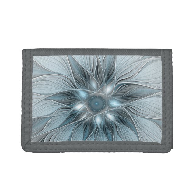 Joyful Flower Abstract Blue Gray Floral Fractal Trifold Wallet (Front)