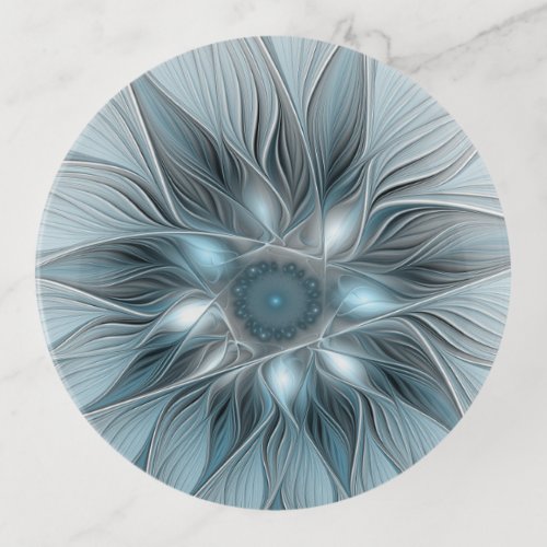 Joyful Flower Abstract Blue Gray Floral Fractal Trinket Tray