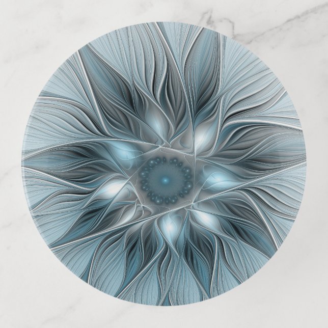 Joyful Flower Abstract Blue Gray Floral Fractal Trinket Tray (Front)