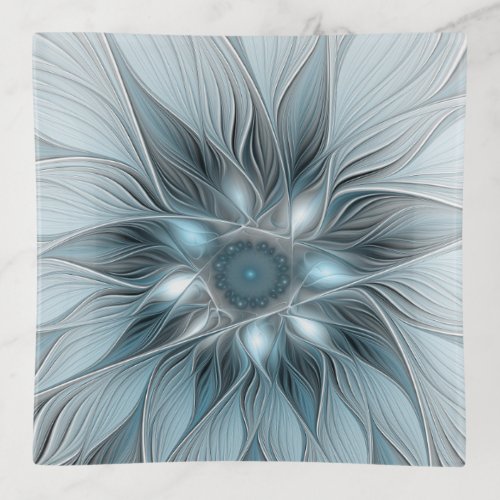 Joyful Flower Abstract Blue Gray Floral Fractal Trinket Tray