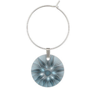 Joyful Flower Abstract Blue Gray Floral Fractal Wine Charm