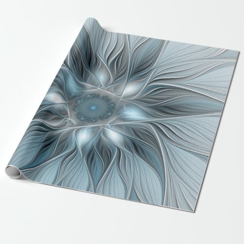 Joyful Flower Abstract Blue Gray Floral Fractal Wrapping Paper