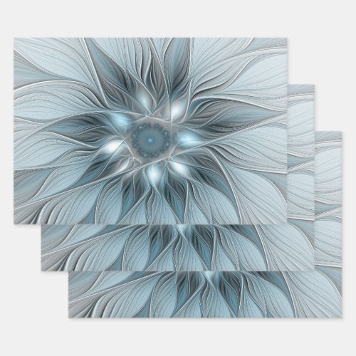 Joyful Flower Abstract Blue Gray Floral Fractal Wrapping Paper Sheets