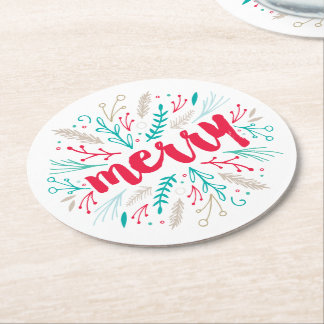 Joyful Foliage Christmas Holiday Round Paper Coaster