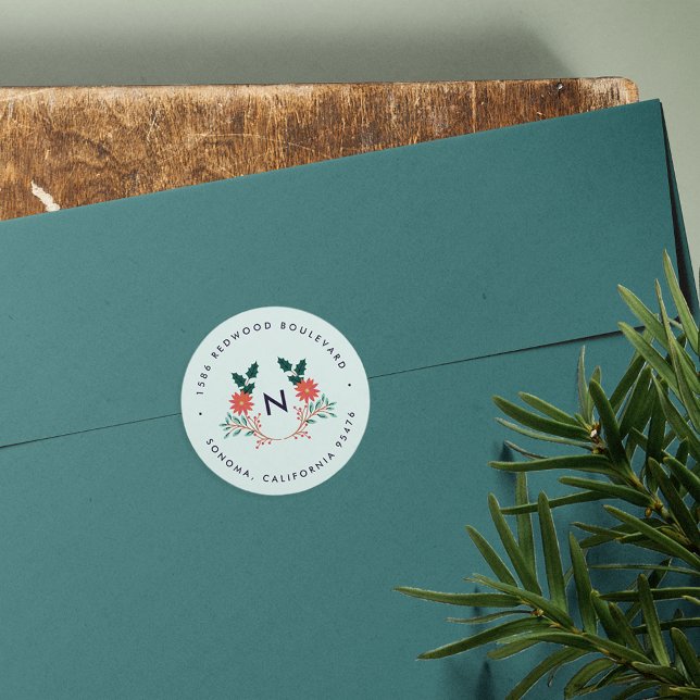 Joyful Foliage | Holiday Monogram Return Address Classic Round Sticker (Creator Uploaded)