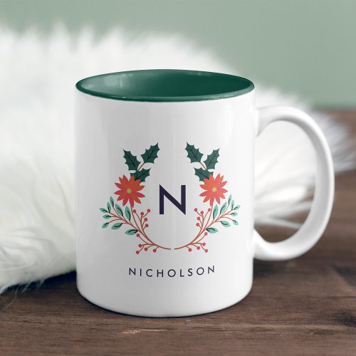 Joyful Foliage Holiday Monogram Two_Tone Coffee Mug