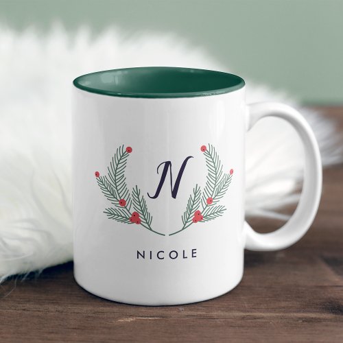 Joyful Foliage Holiday Monogram Two_Tone Coffee Mug