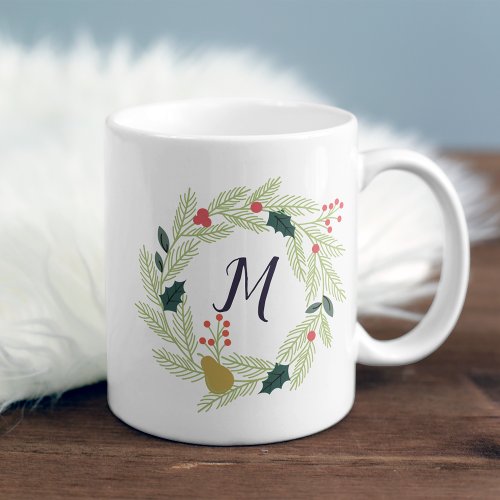 Joyful Foliage Holiday Wreath Monogram Coffee Mug