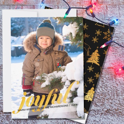 Joyful Full Bleed Photo Black and Gold Holiday Card