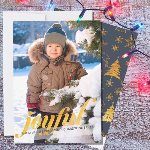 Joyful Full Bleed Photo Grey and Gold Holiday Card