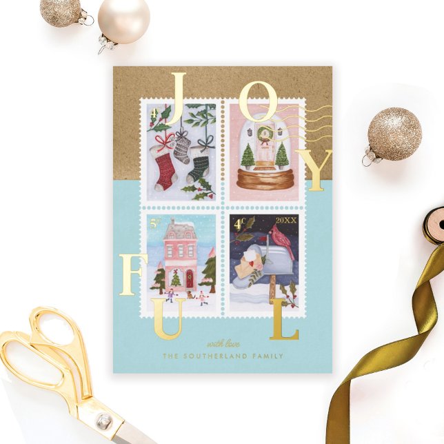 Joyful Fun Festive Christmas Scenes Postage Stamps Foil Holiday Card (Creator Uploaded)