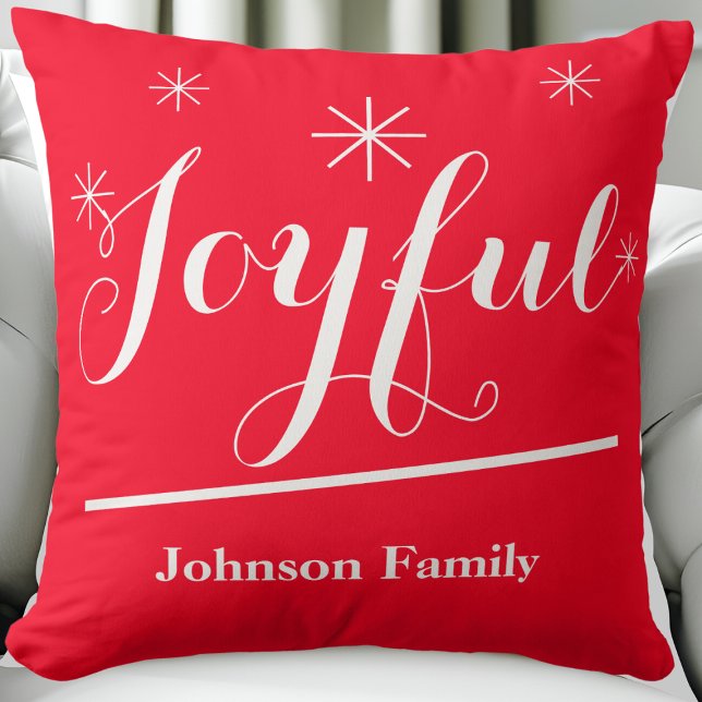 Joyful Gift Script Name Chic Rustic Red Christmas Throw Pillow ("Joyful" rustic chic red personalized Christmas throw pillow.)