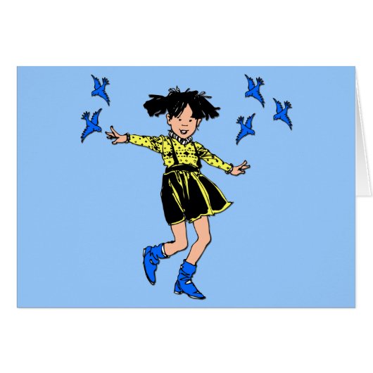 Joyful girl with bluebirds cards (Front Horizontal)