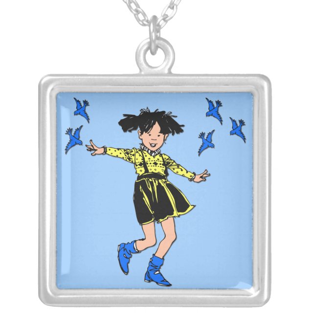 Joyful girl with bluebirds silver plated necklace (Front)