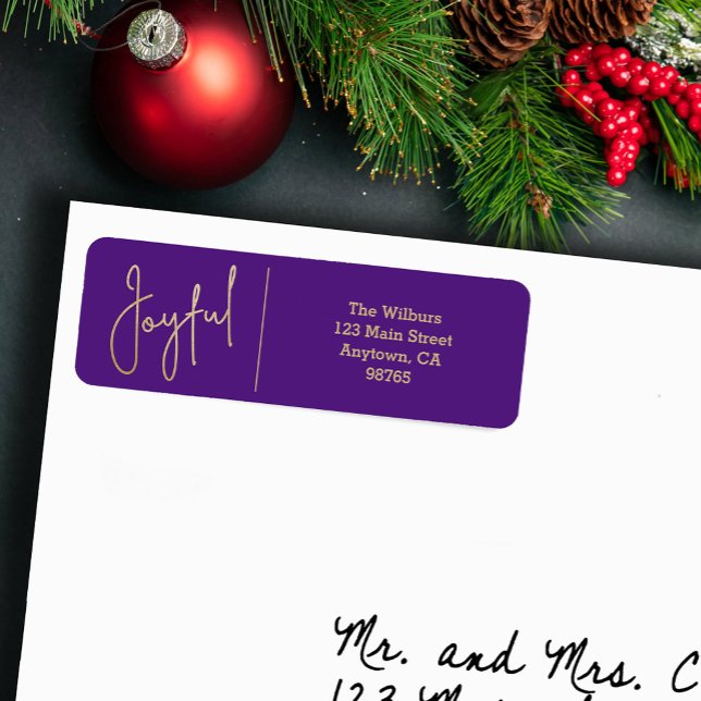 JOYFUL Gold and Purple Christmas Return Address Label (JOYFUL Faux Gold Foil on Purple Return Address Labels)