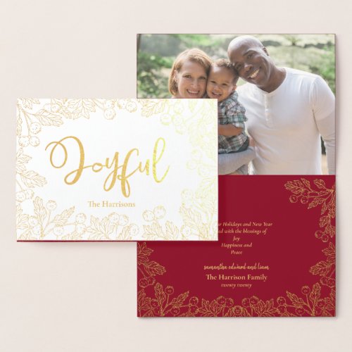 Joyful Gold Berries Burgundy Christmas Photo Foil Card