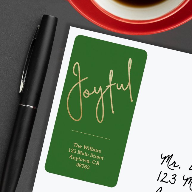 JOYFUL Gold Faux Foil Green Christmas Address Label (JOYFUL Faux Gold Foil on Green Return Address Labels)