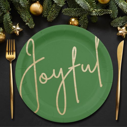 JOYFUL Gold Faux Foil Green Christmas Paper Plates