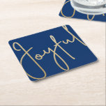 JOYFUL Gold Faux Foil on Blue Square Paper Coaster<br><div class="desc">Joyful in a faux gold foil script on these blue coasters,  stylish for any Christmas holiday occasion or to give a gift. MATCHING items in our store.</div>