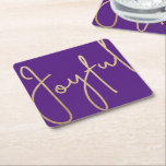 JOYFUL Gold Faux Foil on Purple Square Paper Coaster<br><div class="desc">Joyful in a faux gold foil script on these purple coasters,  stylish for any Christmas holiday occasion or to give a gift. MATCHING items in our store.</div>