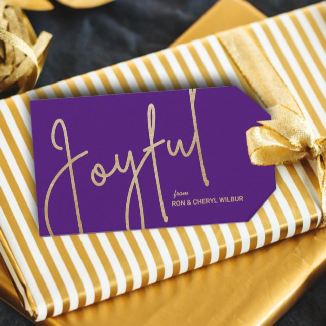 JOYFUL Gold Faux Foil Purple Christmas Gift Tags (Gold JOYFUL text in fancy script on purple Christmas gift/favor tags personalized with your names)