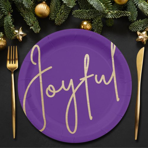 JOYFUL Gold Faux Foil Purple Christmas Paper Plates