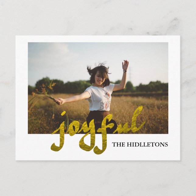 Joyful Gold Foil Modern Holiday Typography Photo Postcard (Front)