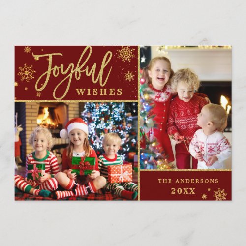 Joyful Gold Frame Christmas 2 PHOTO Greeting Holiday Card