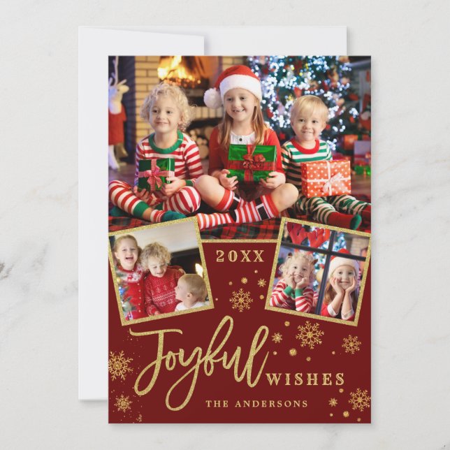 Joyful Gold Frame Christmas 3 PHOTO Greeting Holiday Card (Front)