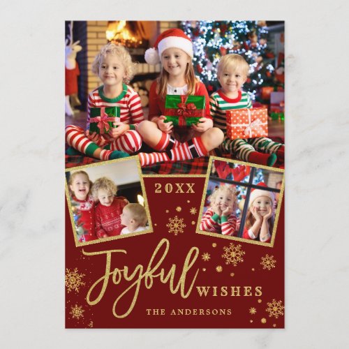 Joyful Gold Frame Christmas 3 PHOTO Greeting Holiday Card