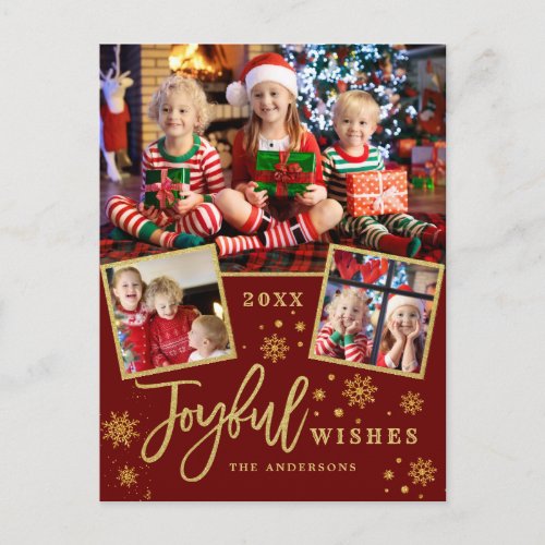 Joyful Gold Frame Christmas 3 PHOTO Greeting Postcard