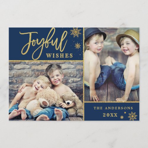 Joyful Gold Frame Modern Script 2 PHOTO Greeting Holiday Card