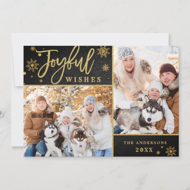 Joyful Gold Frame Modern Script 2 PHOTO Greeting Holiday Card (Front)