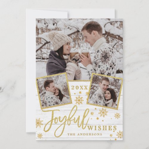 Joyful Gold Frame Modern Script 3 PHOTO Greeting Holiday Card