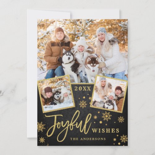 Joyful Gold Frame Modern Script 3 PHOTO Greeting Holiday Card