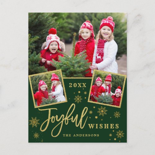 Joyful Gold Frame Modern Script 3 PHOTO Greeting Postcard