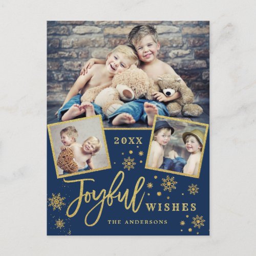 Joyful Gold Frame Modern Script 3 PHOTO Greeting Postcard