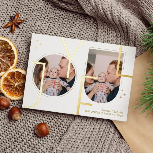 Joyful Gold Script Family Photo Foil Holiday Card