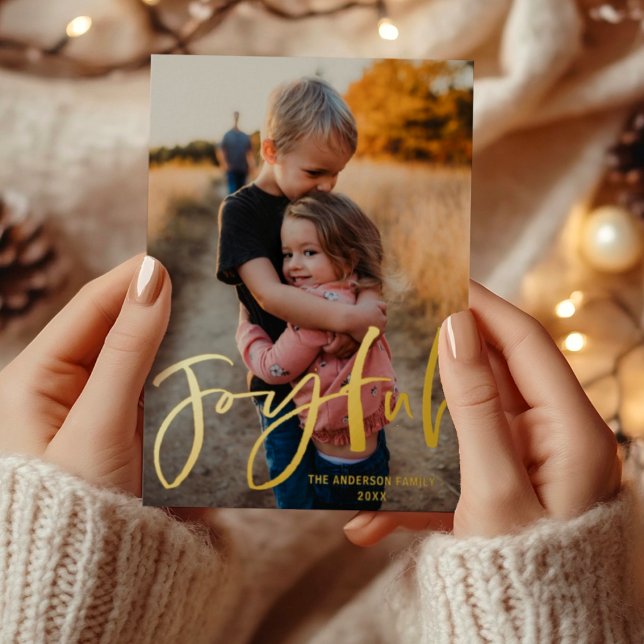 Joyful Gold Script Foil Photo Christmas Foil Holiday Postcard (Creator Uploaded)