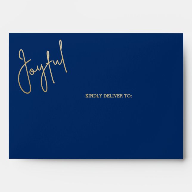 JOYFUL Gold Script on Blue Christmas Envelope (Front)