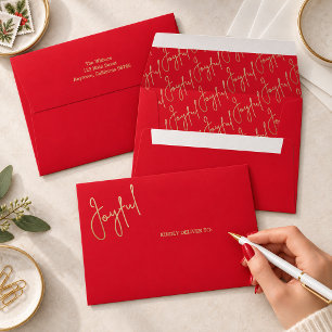 JOYFUL Gold Script on Red Christmas Envelope