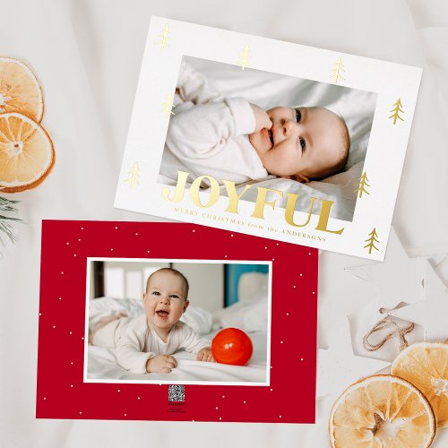 Joyful Gold Trees Red 2 Photo Foil Holiday Card