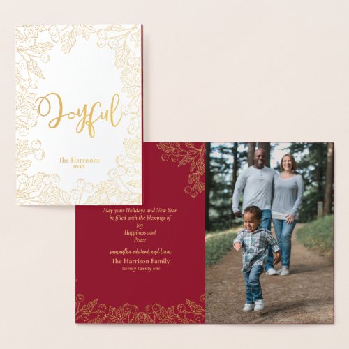 Joyful Gold Winter Berries Red Christmas Photo Foil Card