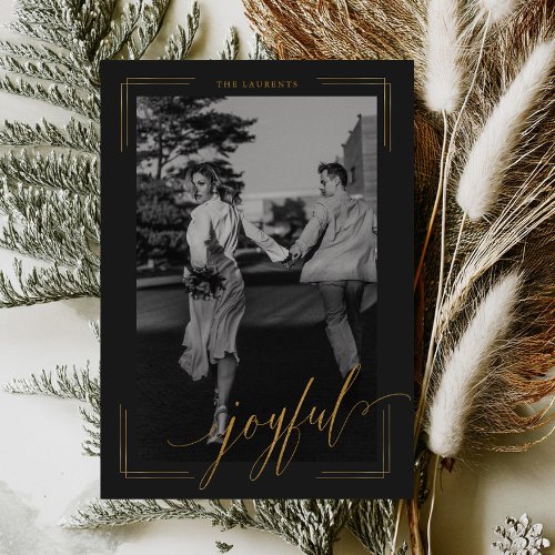 Joyful Golden Glitter Script Photo Christmas Card