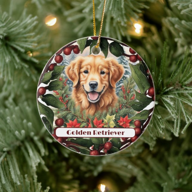 Joyful Golden Retriever, Personalized Christmas  Ceramic Ornament (Tree)