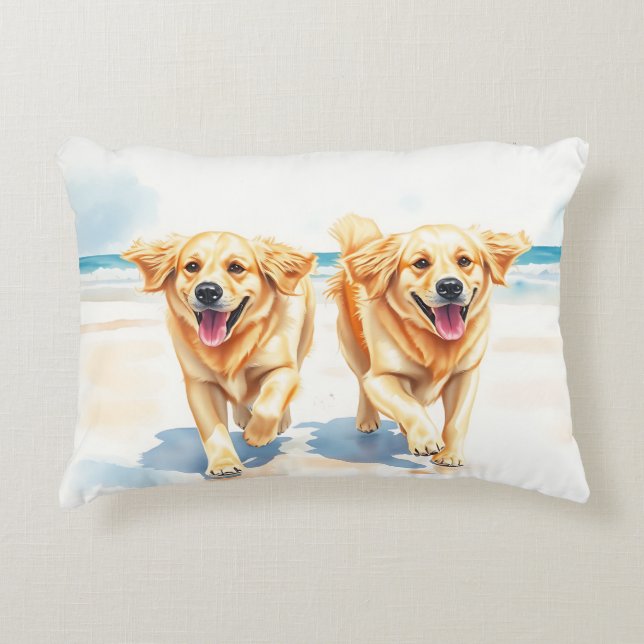 Joyful Golden Retrievers on the Beach – Watercolor Accent Pillow (Front)