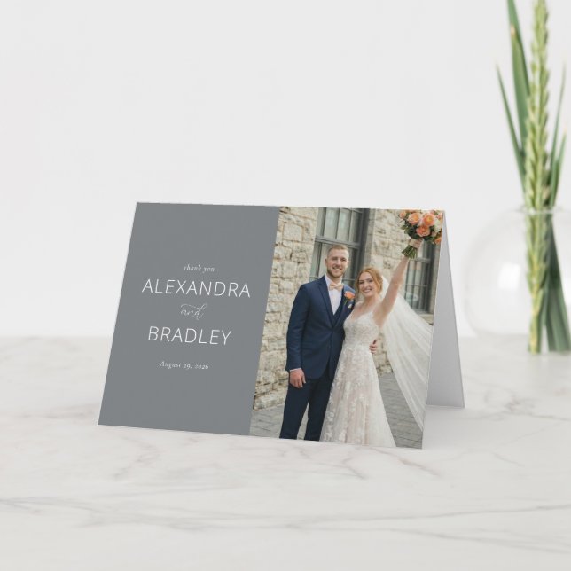 Joyful Gray Elegant Photo Thank You Card (Front)