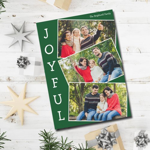 Joyful Green 3 Family Photo Collage Christmas Holiday Card